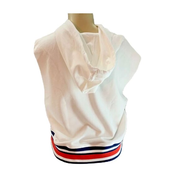 Champion XL Logo White Striped Accent Raw Edge Sleeveless Crop Drawstring Hoodie - Picture 4 of 6